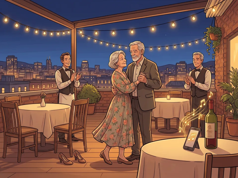 An older couple dancing between the tables of a rooftop restaurant at night, with a phone playing their song