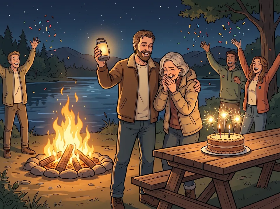 Friends celebrating a birthday beside a lakeshore bonfire, with a speaker and a cake with sparkler candles