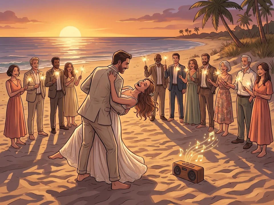 A bride and groom dancing barefoot on a beach at sunset while their guests hold sparklers
