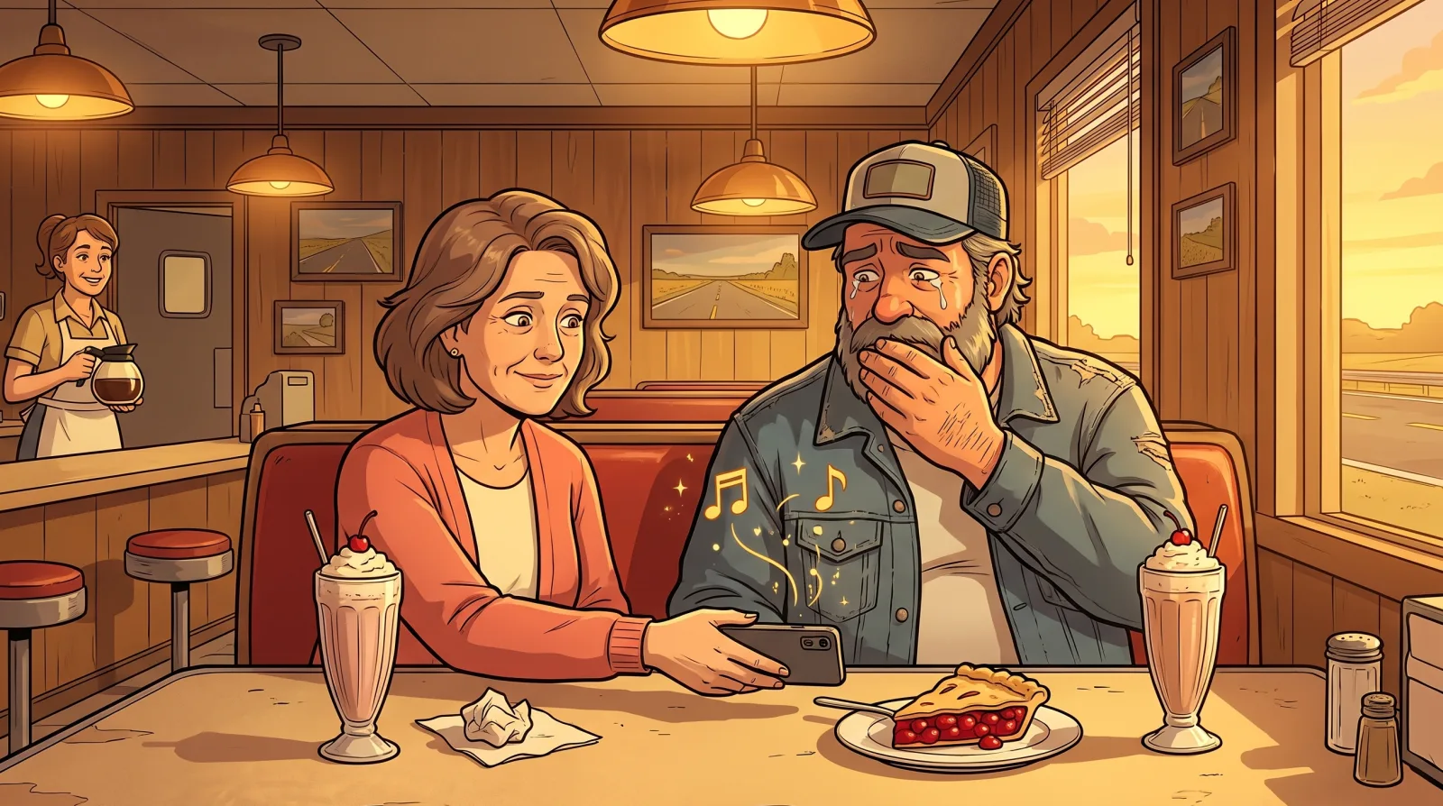 A wife holding out her phone in the diner booth where they had their first date as her husband covers his mouth, eyes wet, over two milkshakes and a slice of cherry pie