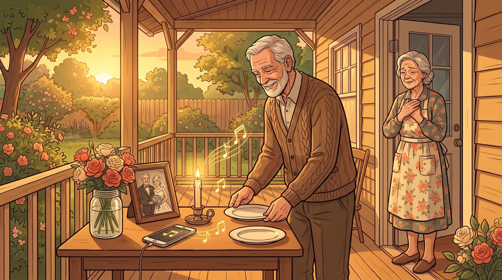 An older man at a candlelit table on the back porch as his wife of fifty years stands in the doorway with her hands over her heart
