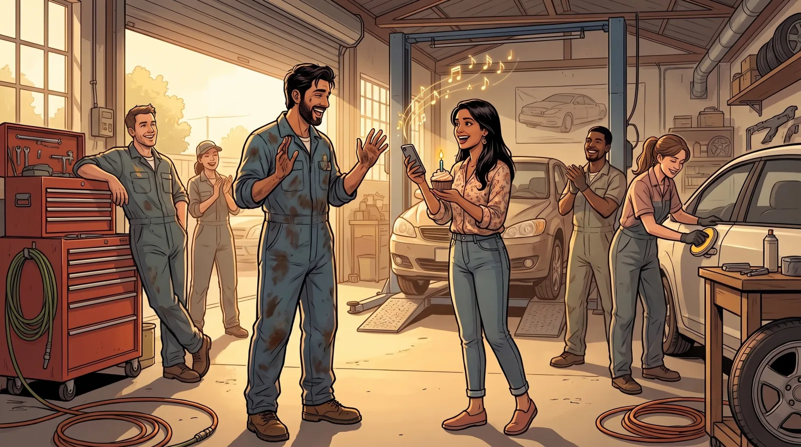 A woman surprising her boyfriend at the auto body shop with a birthday cupcake and a song as his coworkers cheer