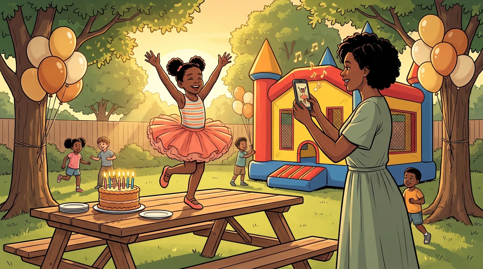 A little girl in a tutu dancing on a picnic bench at her backyard birthday party as her mother plays her song