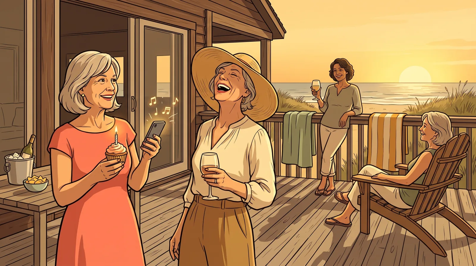 A woman holding out a birthday cupcake and her phone on a beach house deck as her friend laughs in a sun hat