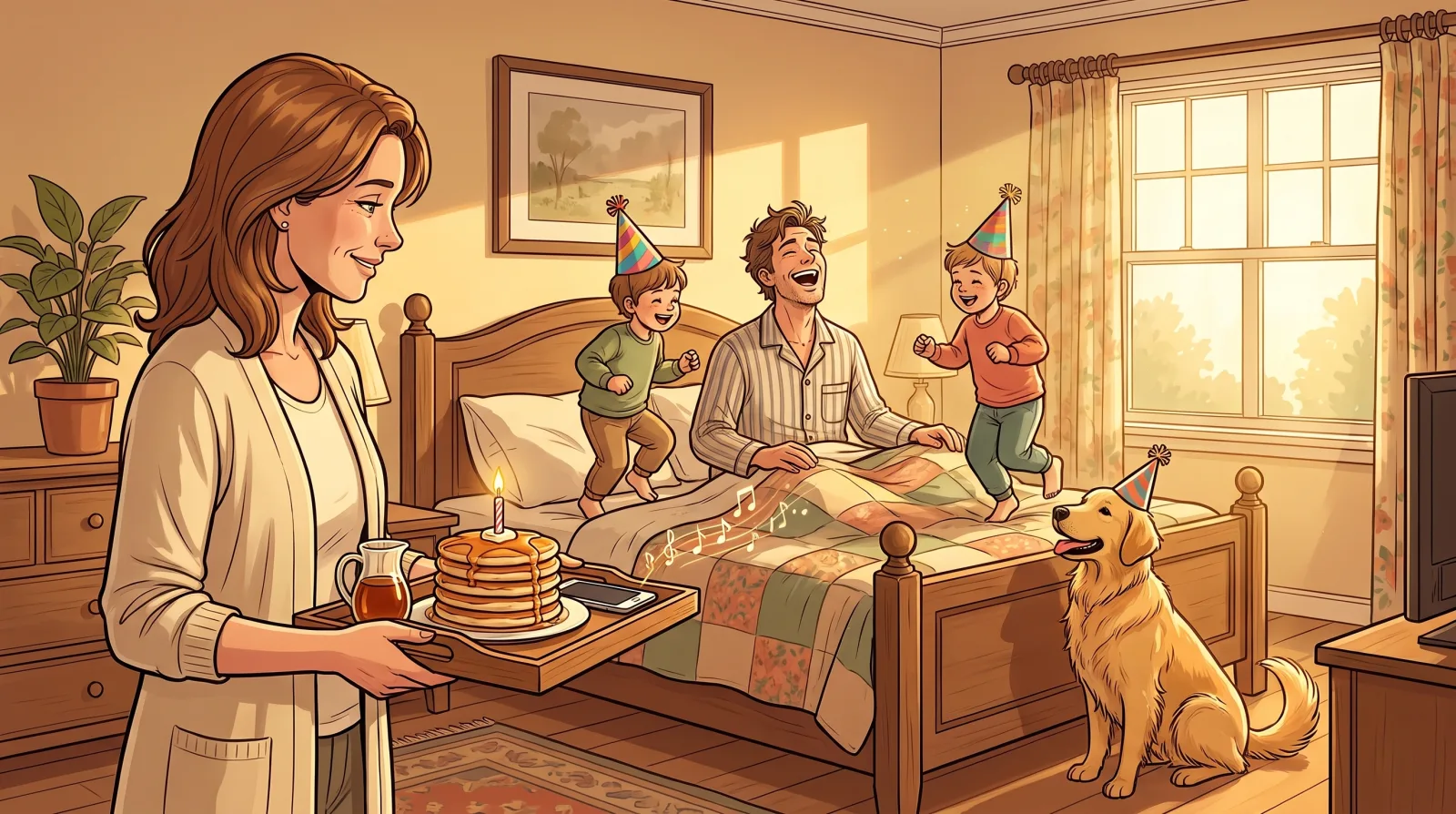 A wife carrying birthday pancakes with a candle into the bedroom as her husband laughs in bed and the kids bounce in party hats