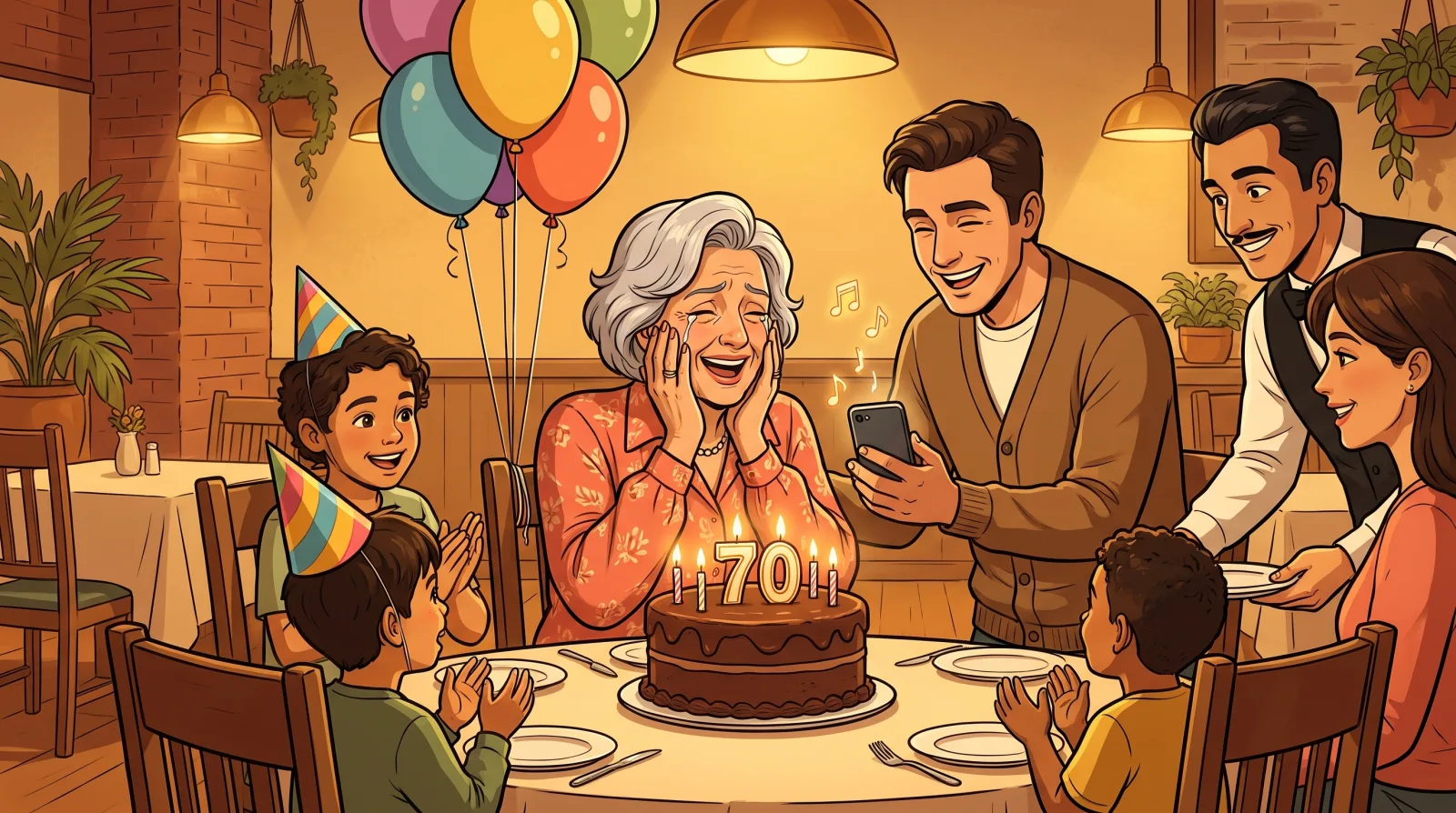 A mother at her seventieth birthday dinner with her hands on her cheeks as her son plays her song beside the cake
