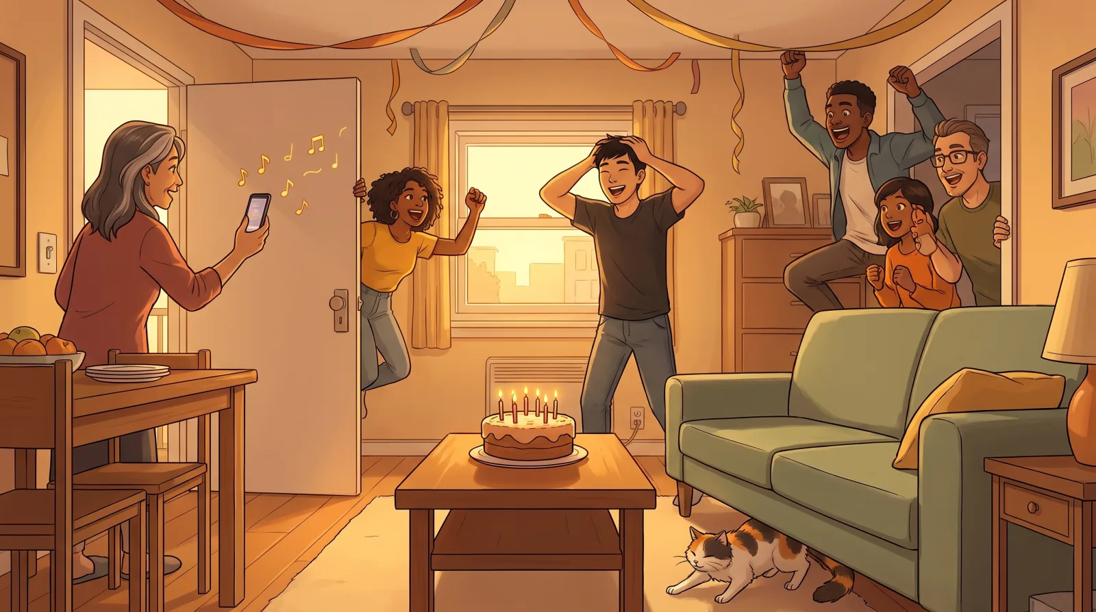 A young man walking into his surprise birthday party with his hands on his head as his mother holds up her phone