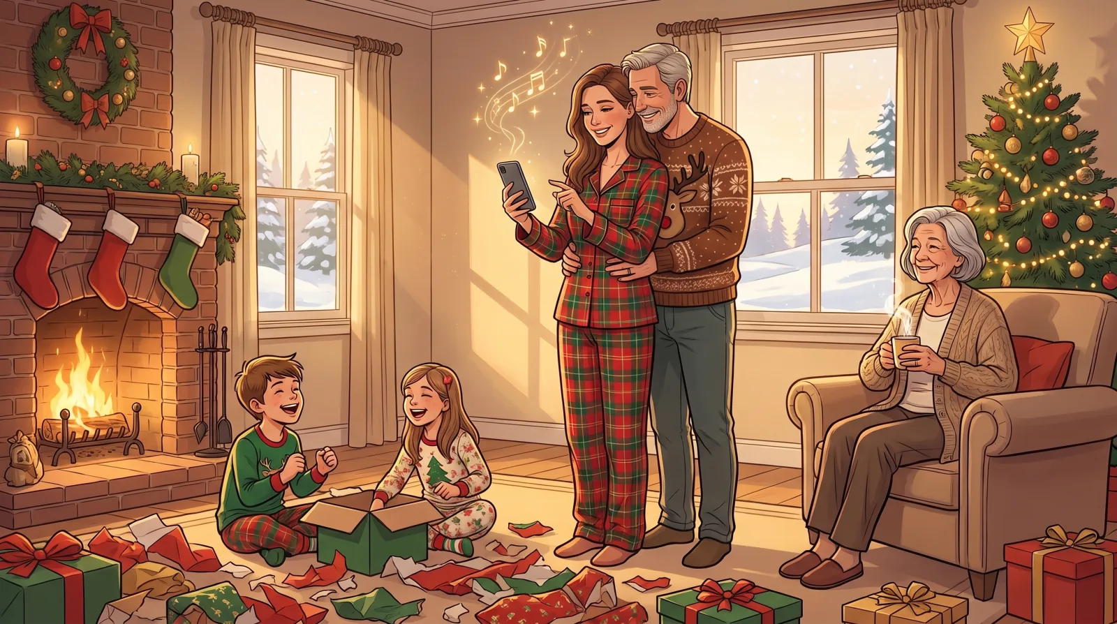 A family on Christmas morning in a sea of wrapping paper by the tree as the wife holds up her phone and her husband hugs her