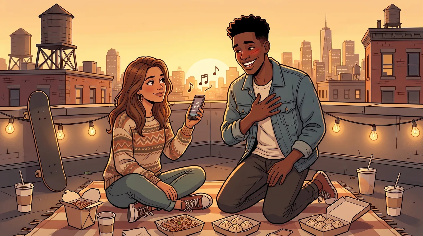 A young woman on a city rooftop at sunset playing a song on her phone for her boyfriend, who grins with a hand on his heart