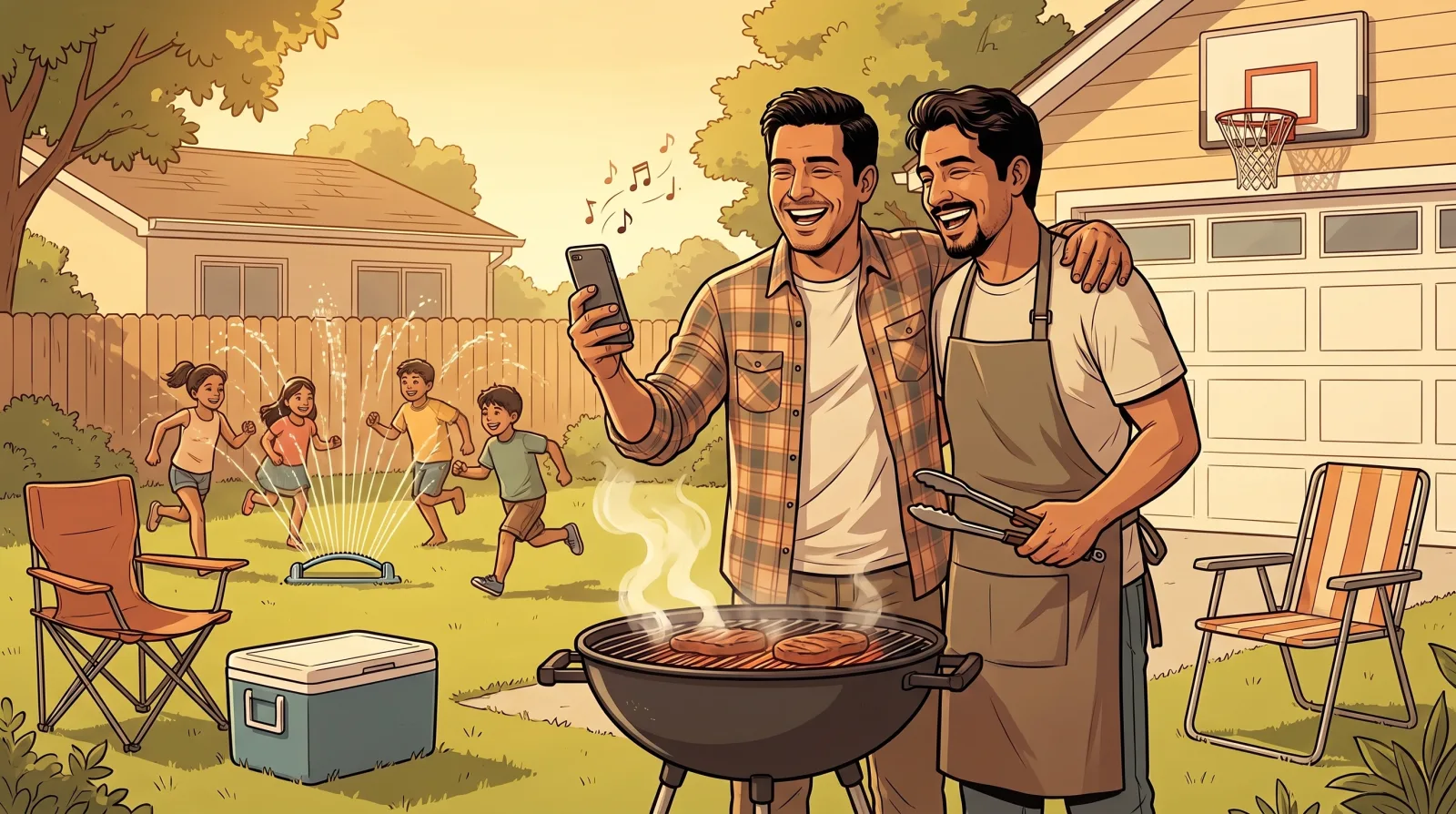 Two brothers at a backyard barbecue, one holding up his phone while the other laughs and pulls him into a hug, tongs in hand
