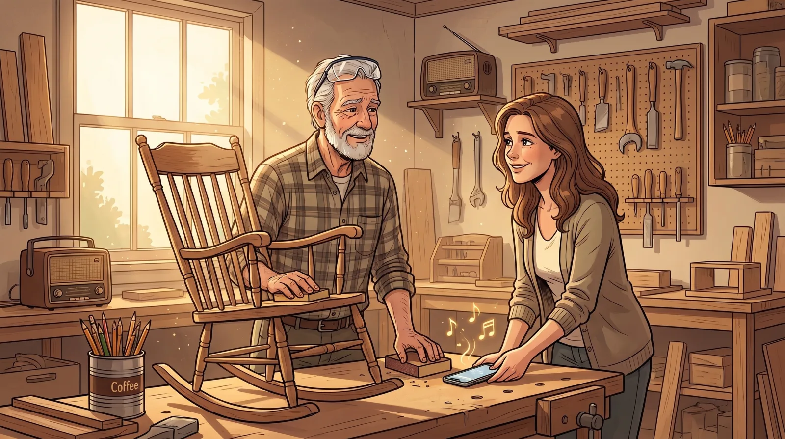 An older man in his woodworking shop pushing up his safety glasses as his daughter plays him a song on her phone
