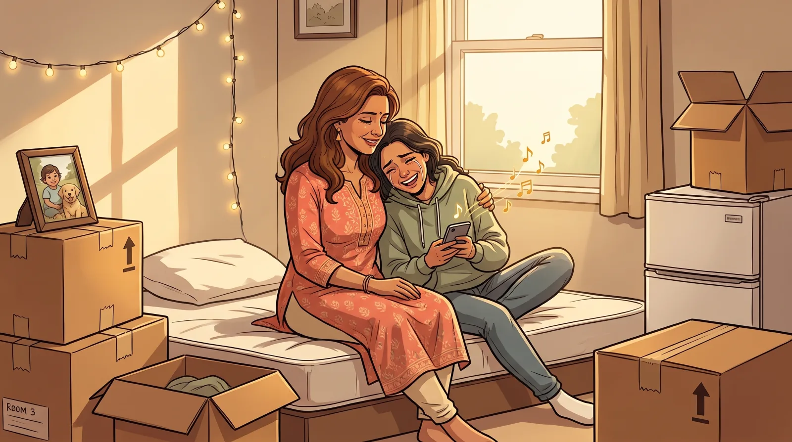 A mother on a dorm room mattress on move-in day playing a song on her phone as her daughter leans into her shoulder, laughing and crying