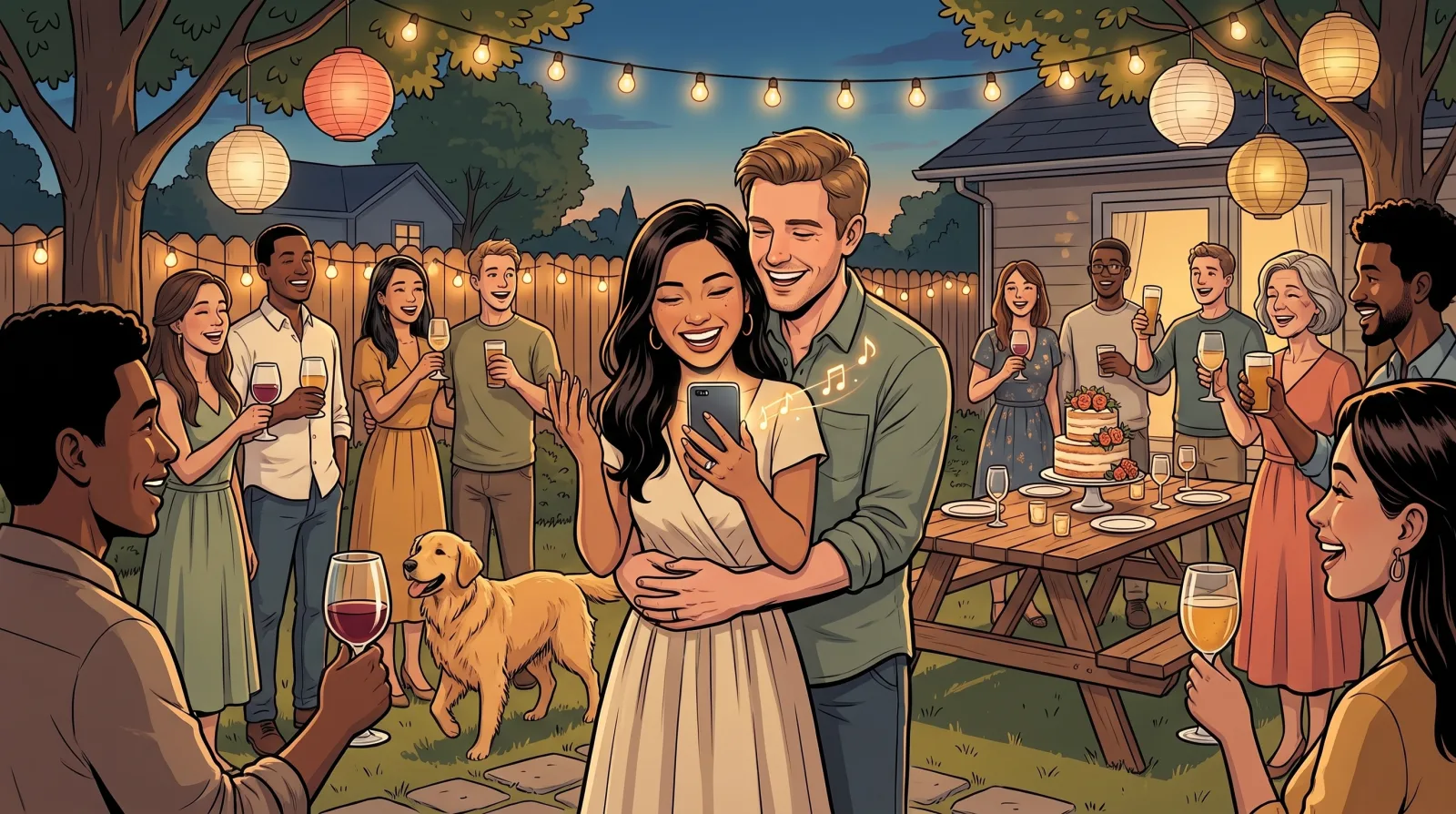 A newly engaged couple at a backyard party under string lights, she holding up her phone as he hugs her from behind