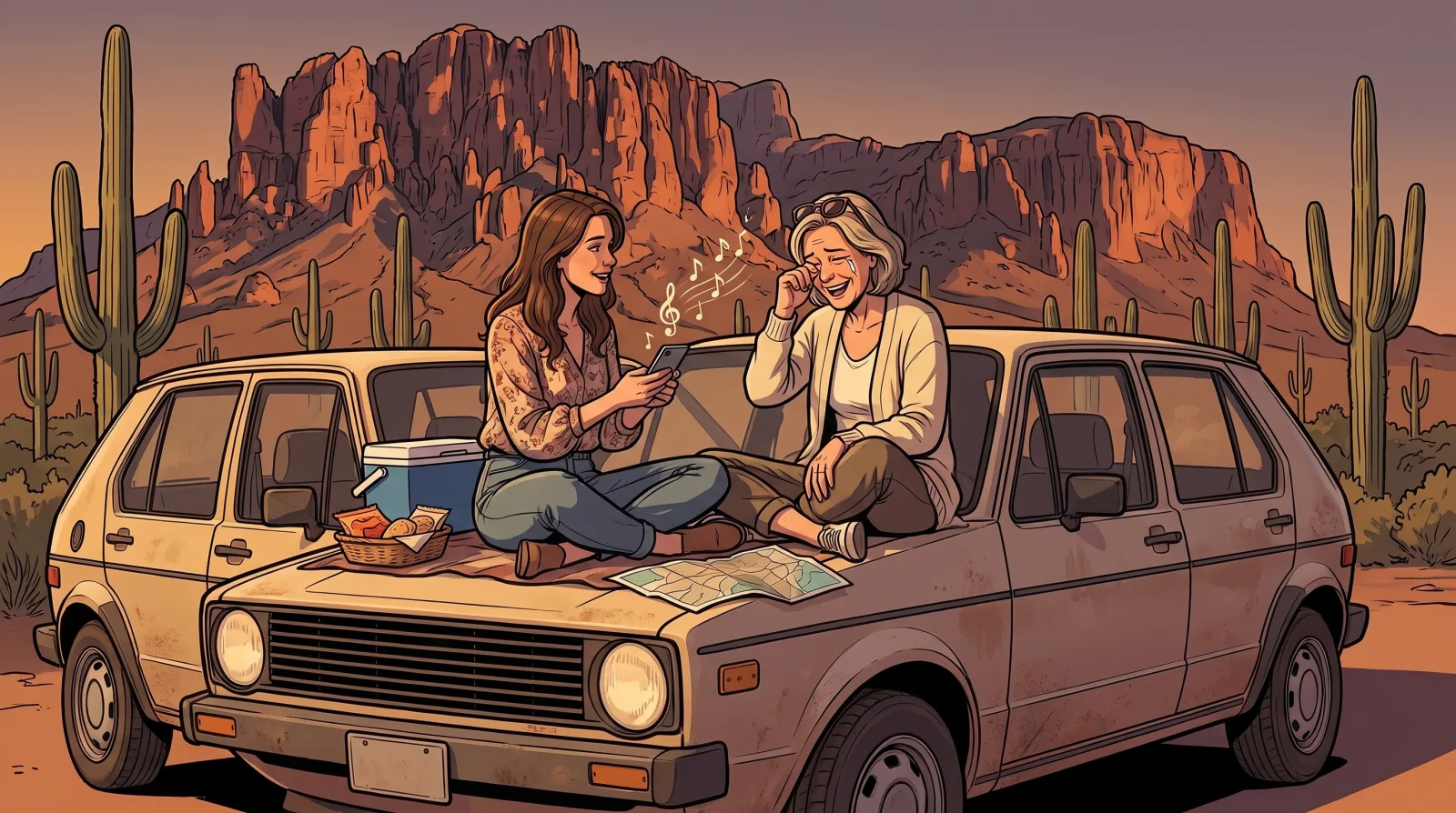 Two friends on the hood of a dusty car at a desert overlook, one playing a song on her phone while the other wipes away tears and laughs
