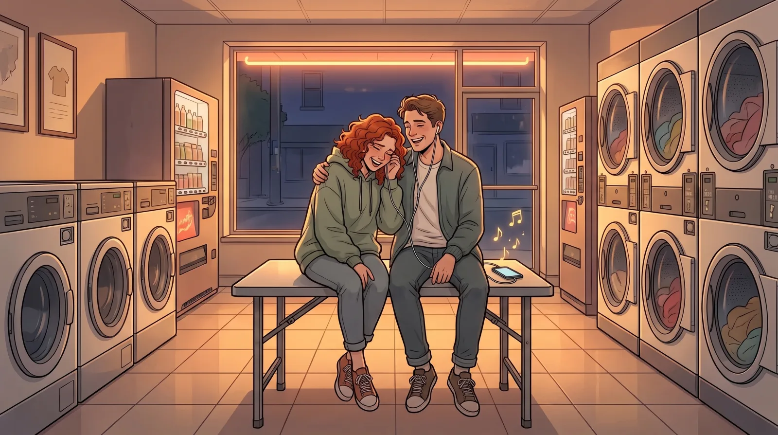 A young couple sharing one pair of earbuds on a laundromat folding table at night, she laughing into his shoulder