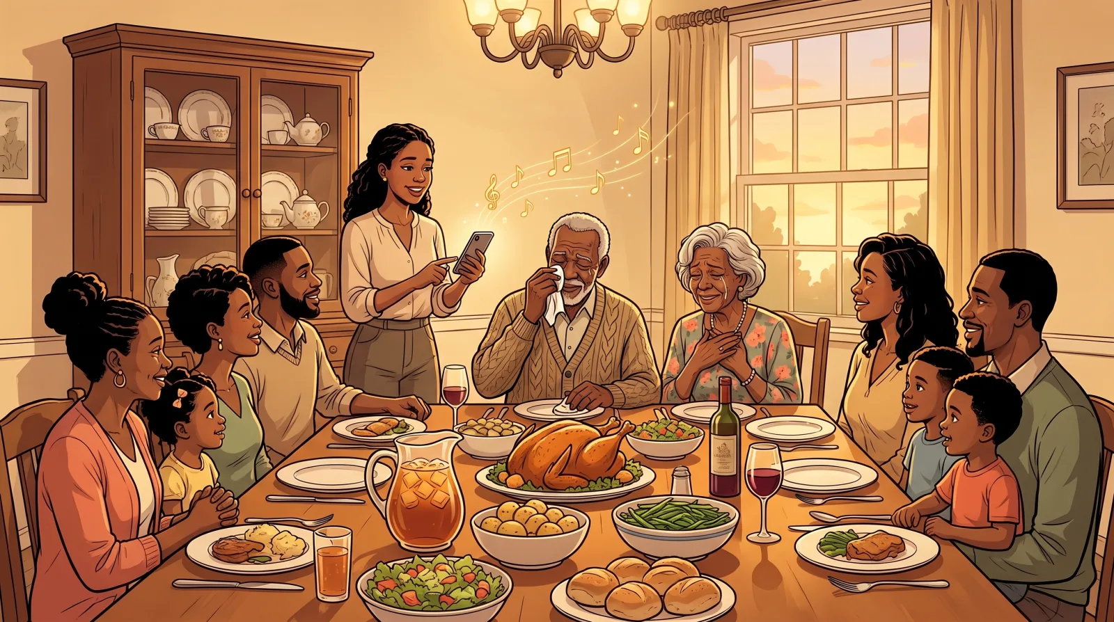 Grandparents at the head of a family dinner table, the grandmother's hands clasped to her chest as their granddaughter plays a song