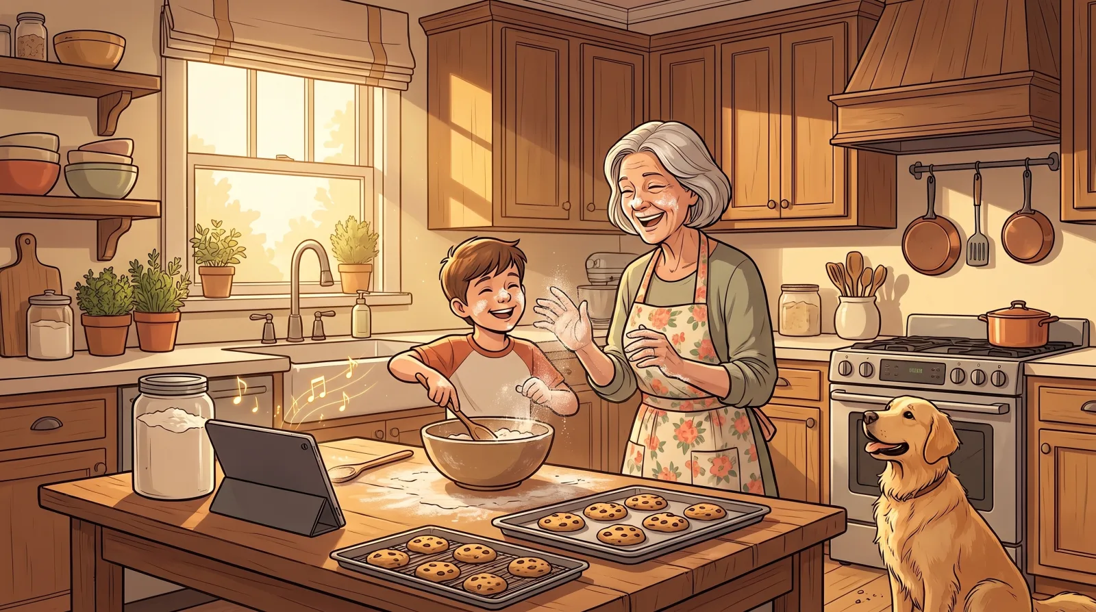A grandmother and her young grandson baking cookies with flour on their faces as he dances to a song playing from a tablet
