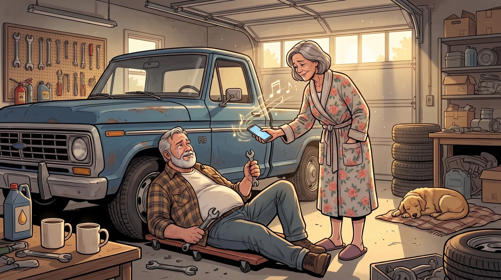 A wife in her bathrobe holding out her phone to her husband as he rolls out from under his pickup in the garage, wrench in hand, eyes wet