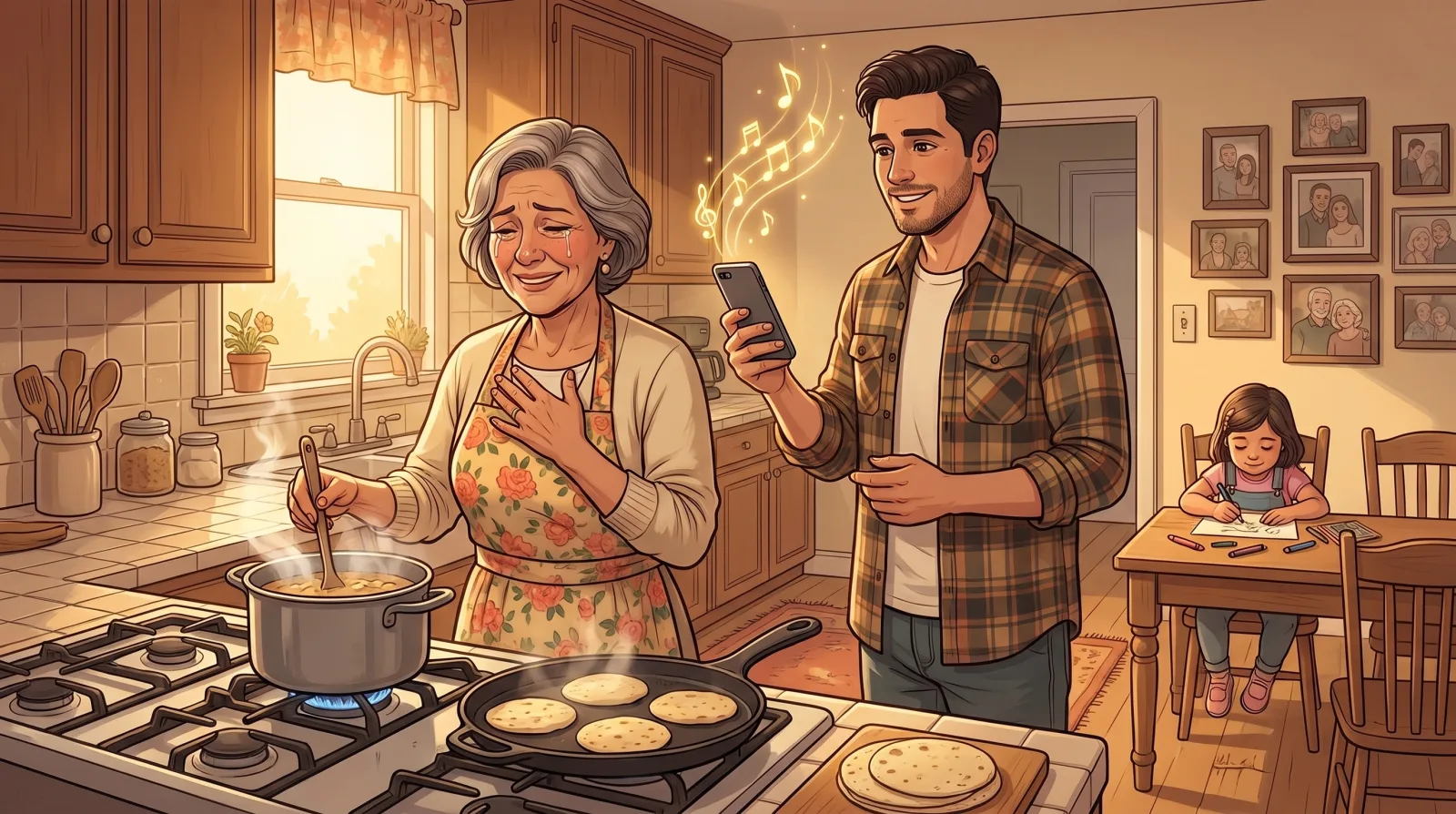A grown son holding up his phone in his mother's kitchen as she stops stirring a pot and presses a hand to her chest