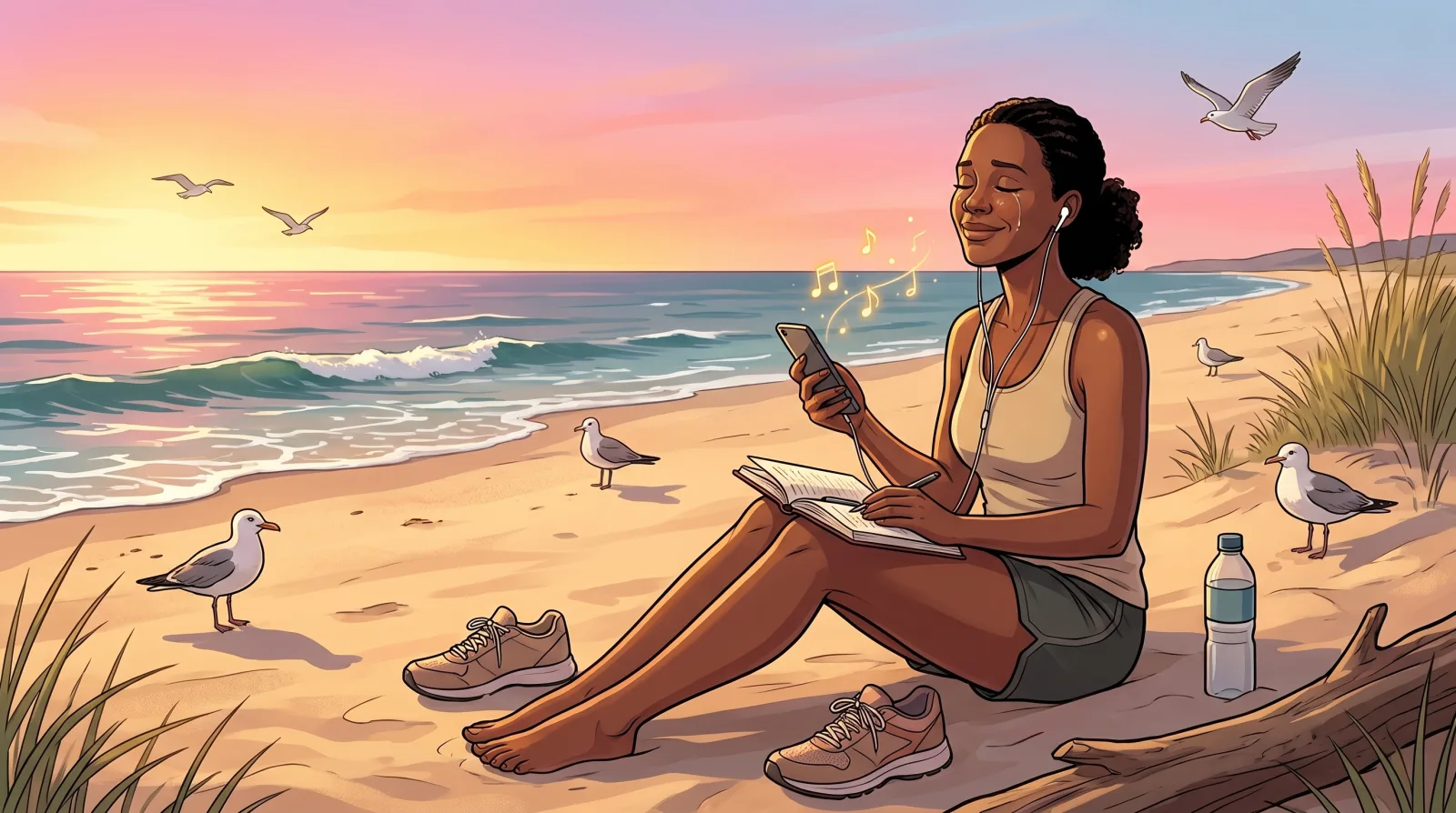 A woman sitting alone on a beach at sunrise after a run, earbuds in and eyes closed, listening to her own song