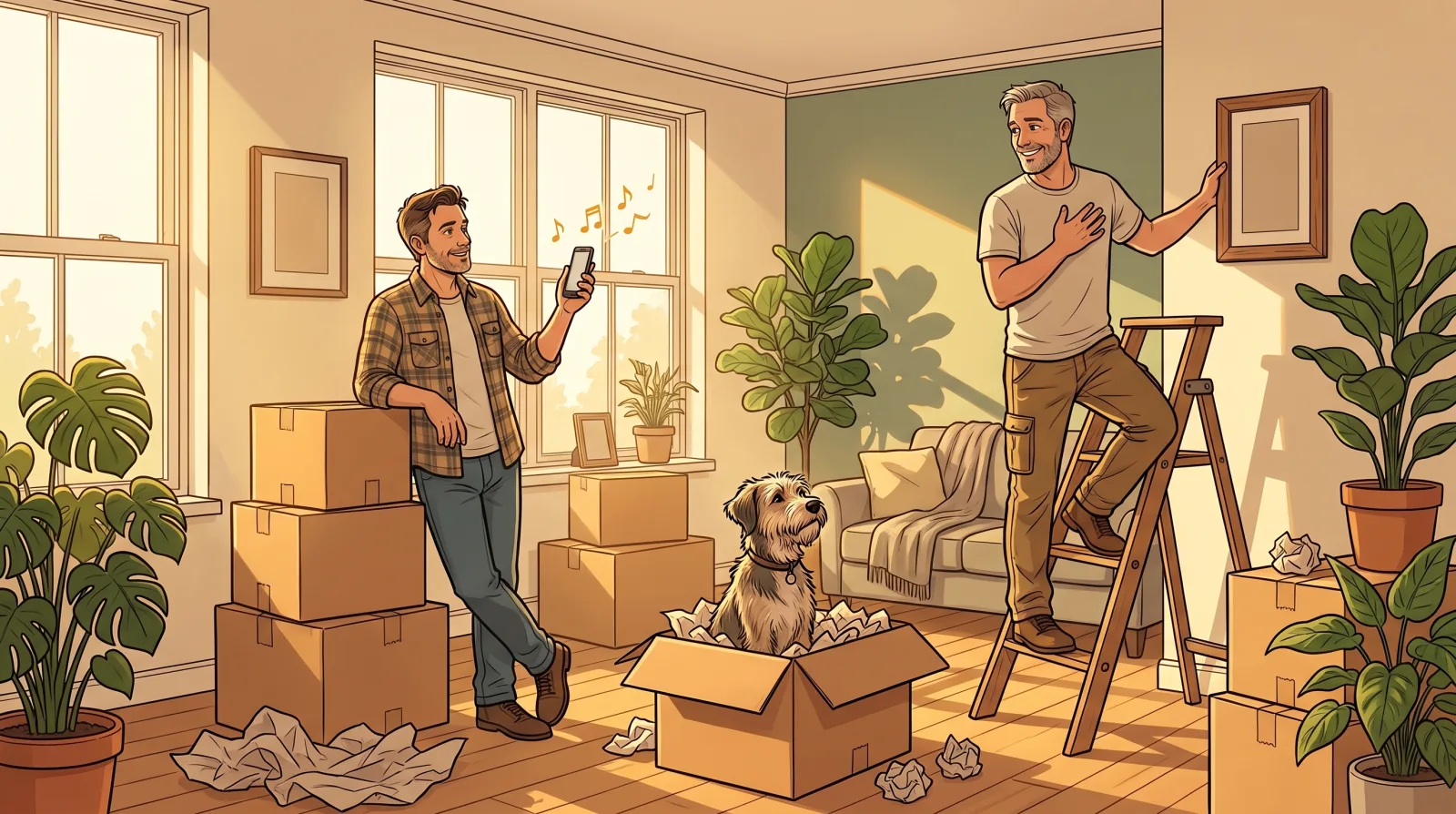 A man holding up his phone on moving day as his partner, hanging a picture frame from a step ladder, turns and smiles with a hand over his heart while their dog sits in a moving box
