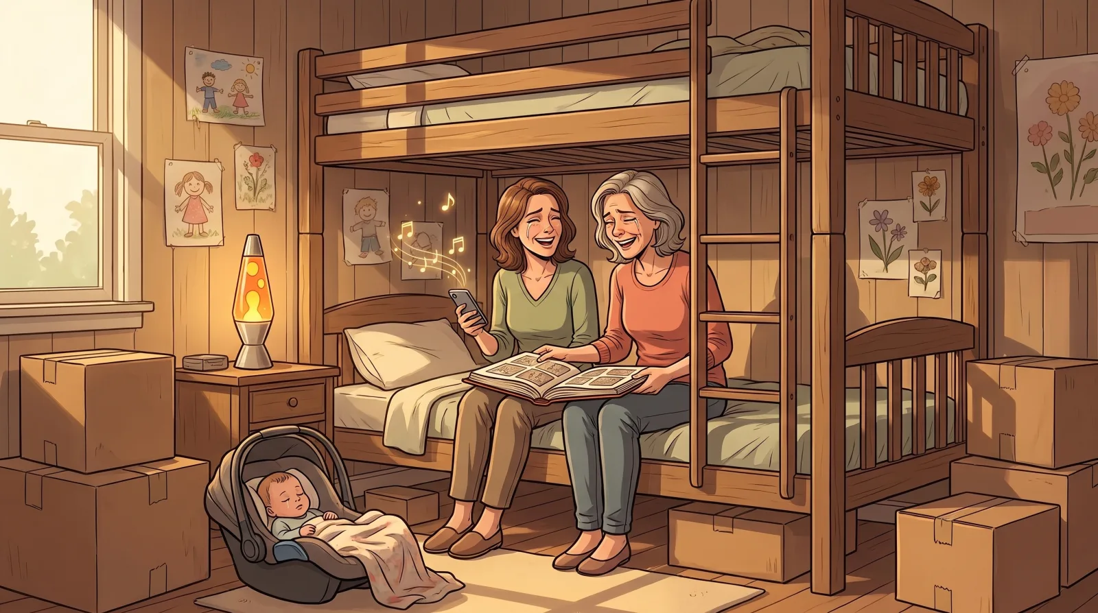 Two sisters on a bottom bunk in their old bedroom with a photo album between them, laughing and teary as a song plays from a phone