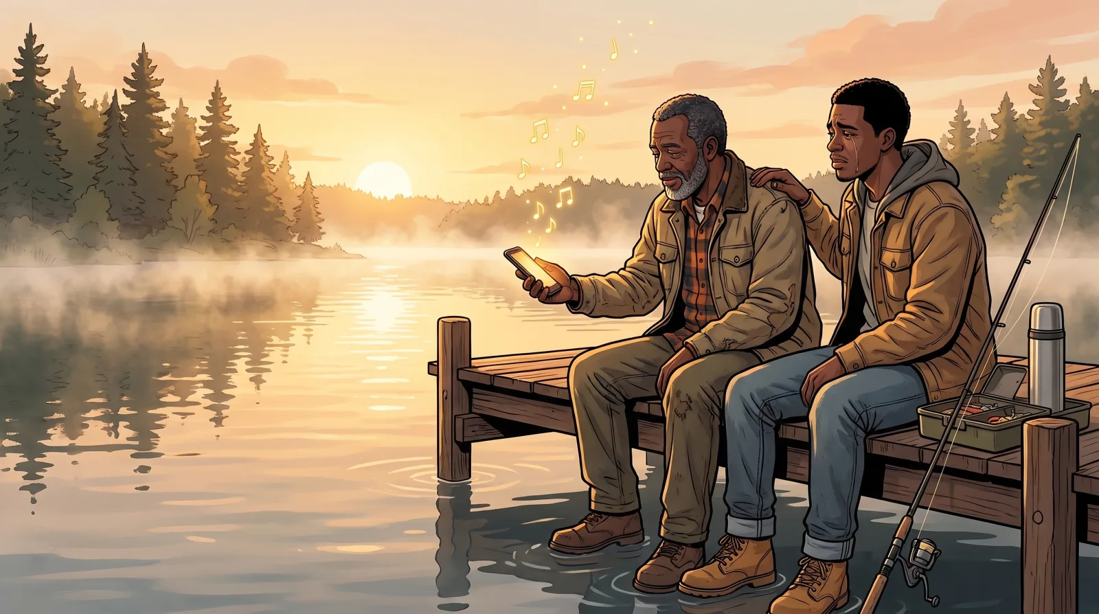 A father on a lake dock at dawn holding out his phone to his grown son, who looks out at the water with a hand on his dad's shoulder