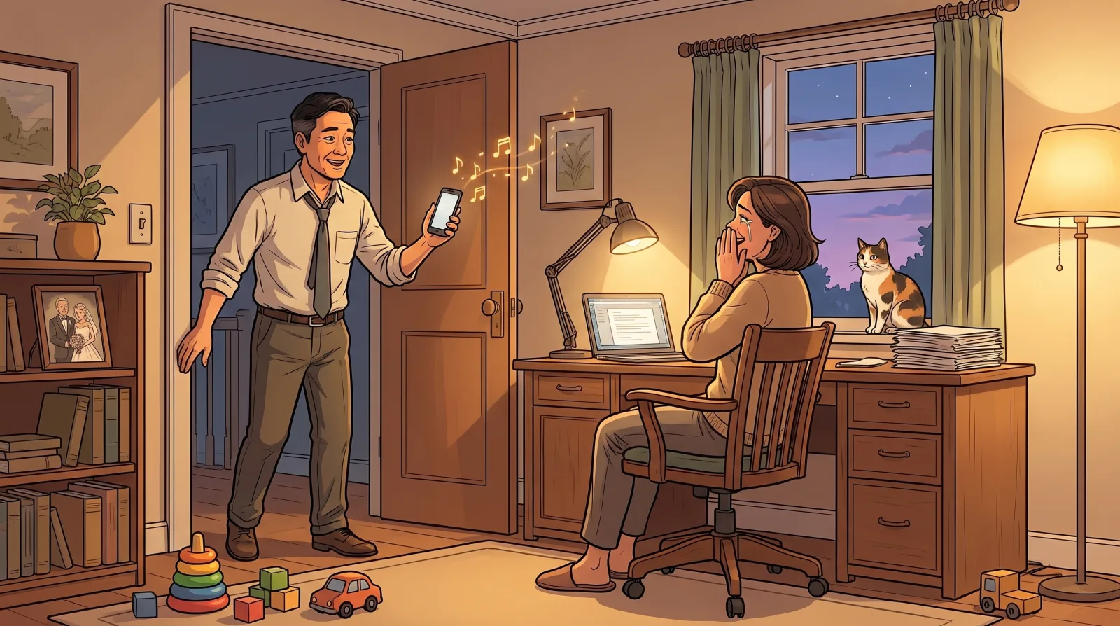 A husband home from work holding up his phone in the doorway of a home office as his wife turns from her desk with her hands over her mouth