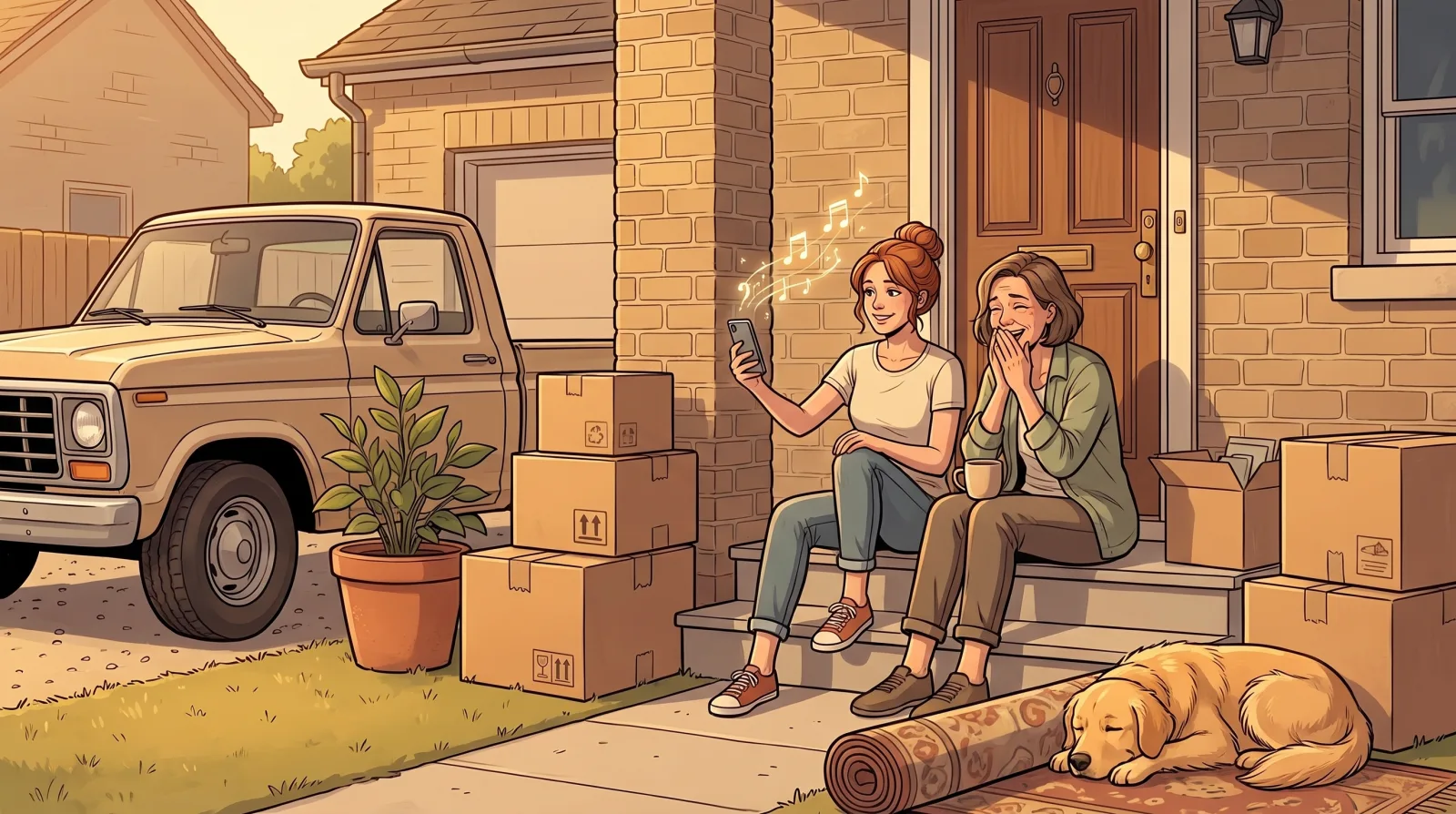 Two friends on the front steps of a new house among moving boxes, one laughing with her hands over her mouth as a song plays