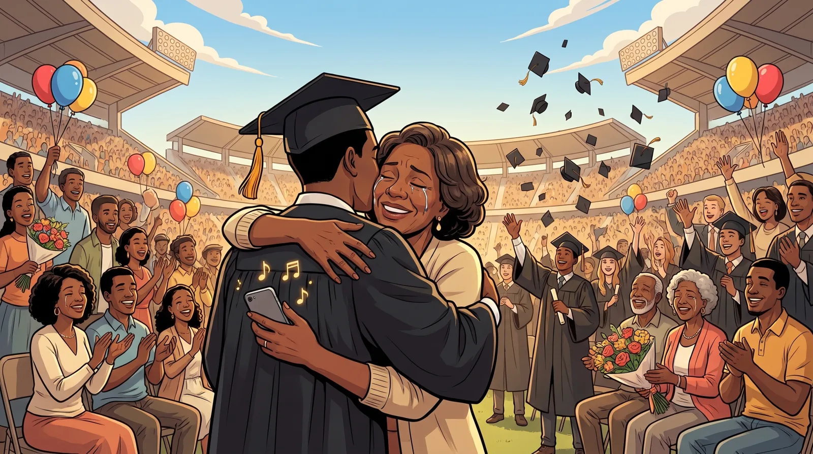 A graduate in cap and gown hugging his mother in a crowded stadium as she cries with joy, his phone in her hand