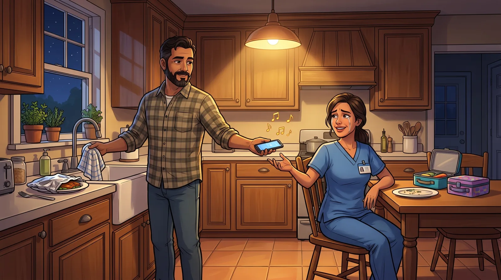 A husband at the kitchen sink handing his phone to his wife, a nurse just home from a shift, who smiles through tears