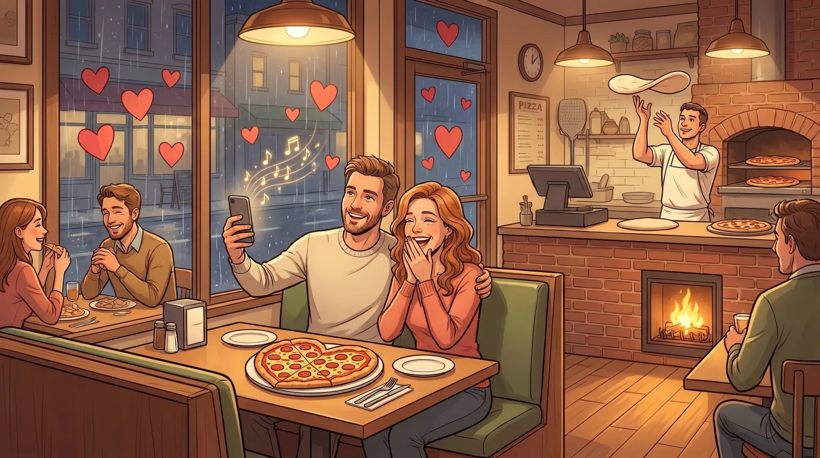 A couple sharing a heart-shaped pizza on Valentine's night, she covering her mouth and laughing as he holds up his phone