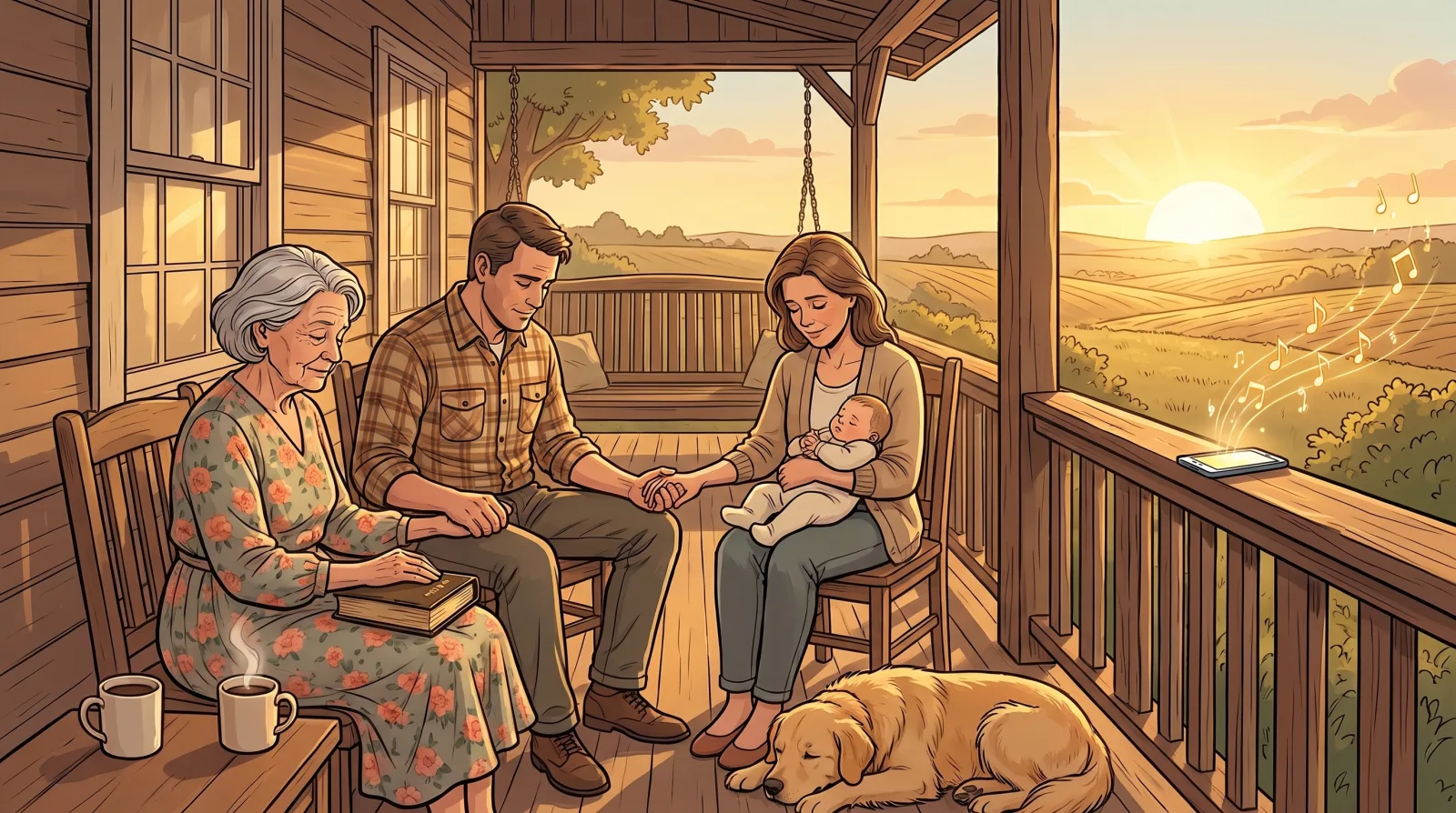Three generations of a family holding hands in prayer on a farmhouse porch at sunrise as a song plays from a phone on the railing