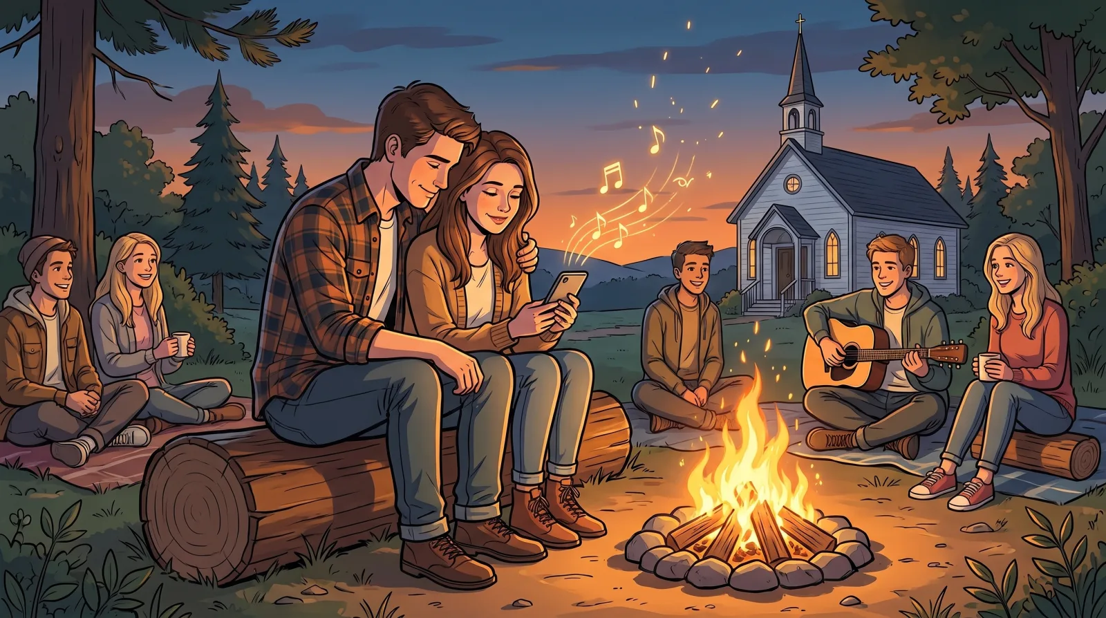 A young couple on a log at a church youth campfire, she holding her phone as he bows his head with his arm around her