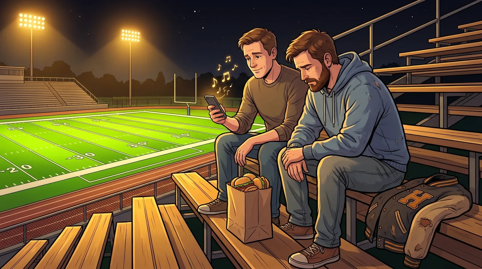Two brothers on the bleachers of an empty football field at night, one playing a song as the other bows his head