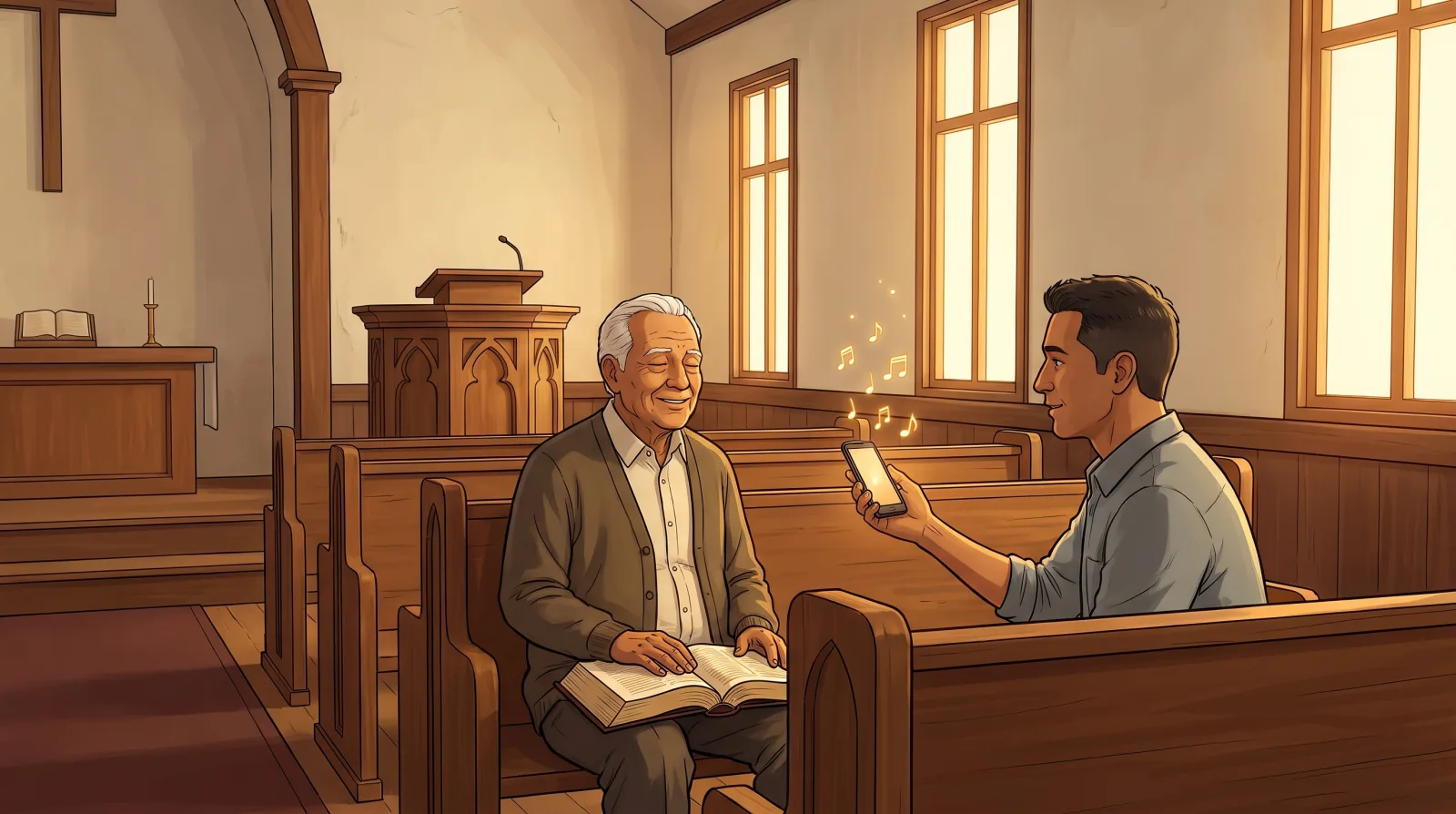 A son sitting beside his father, an elderly pastor, in the front pew of a small church as a song plays from his phone