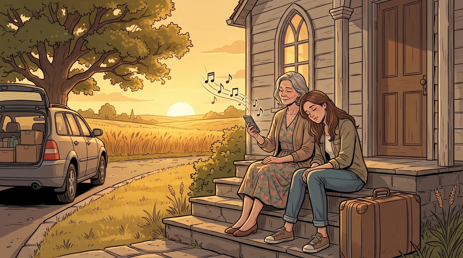 A mother and her grown daughter on the steps of a country church, the daughter's suitcase beside her and her head on her mother's shoulder