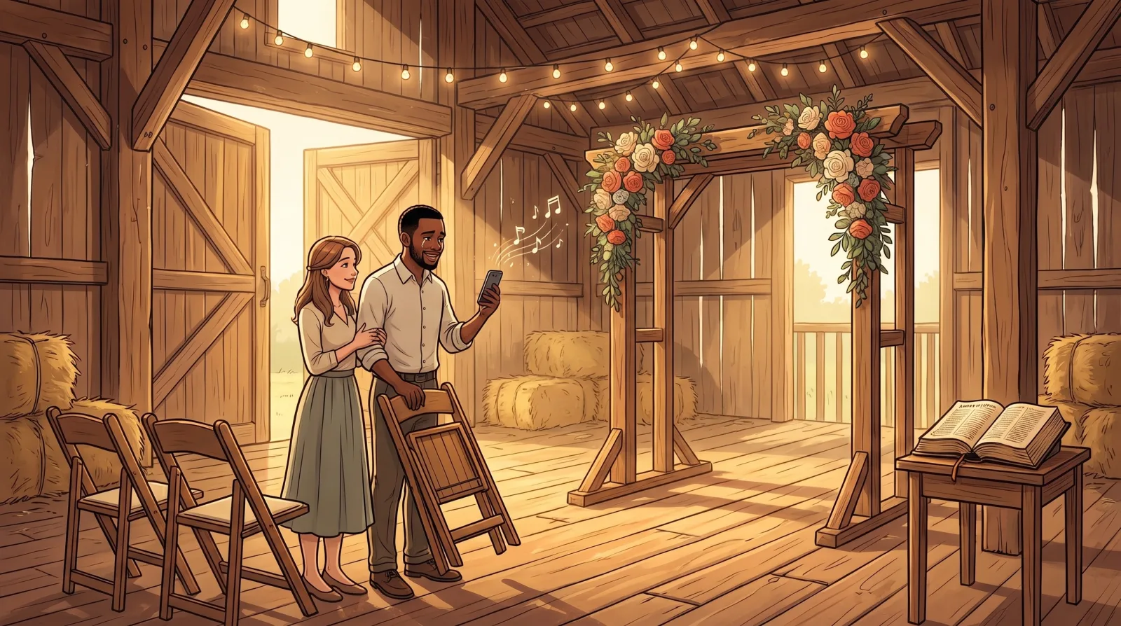 An engaged couple setting up chairs in a barn wedding venue, he stopping with wet eyes as she plays a song on her phone
