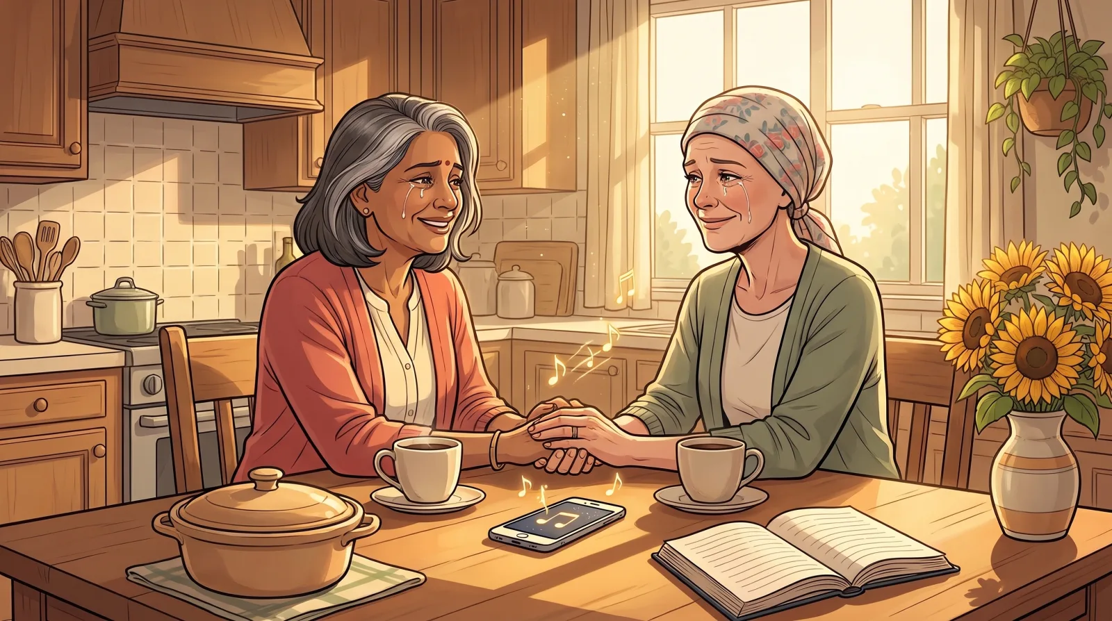 Two friends holding hands across a kitchen table, one in a headscarf, crying and smiling as a song plays between their coffee mugs