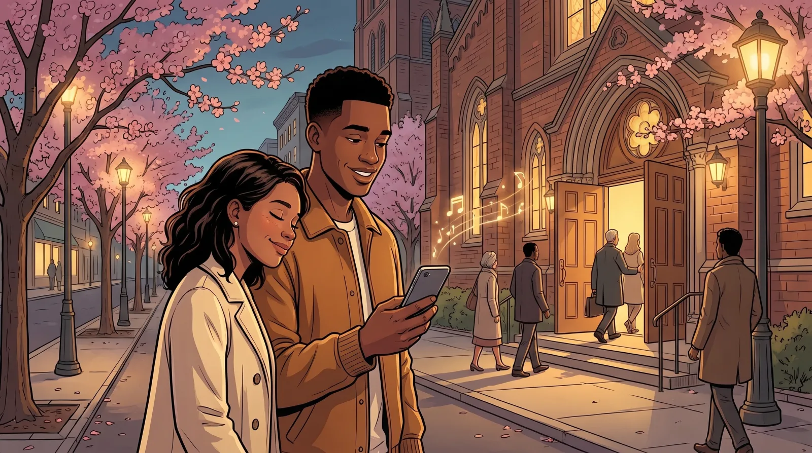 A young man playing a song on his phone for his girlfriend outside a brick church at night under cherry blossoms