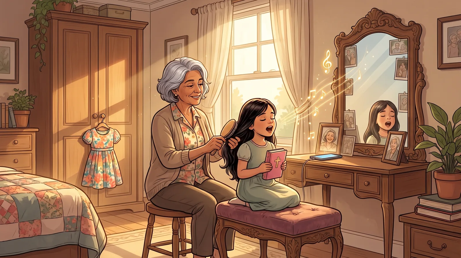 A grandmother brushing her granddaughter's hair before church as the girl holds a small pink Bible and sings along to a song
