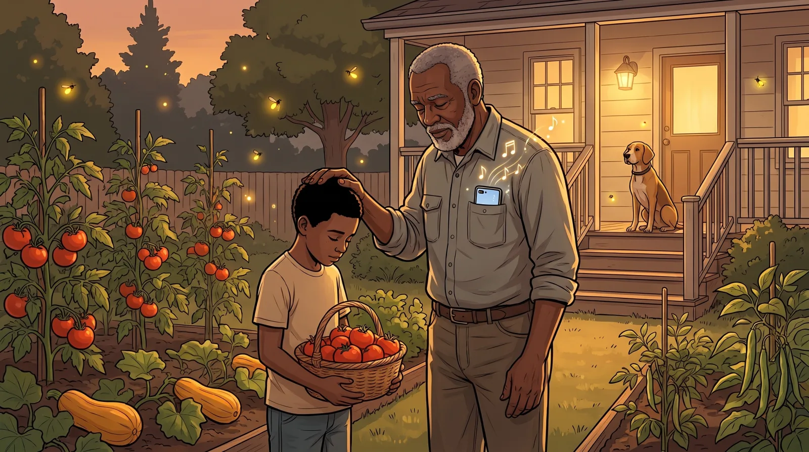 A grandfather with his hand on his grandson's head as they bow to pray in a vegetable garden at dusk
