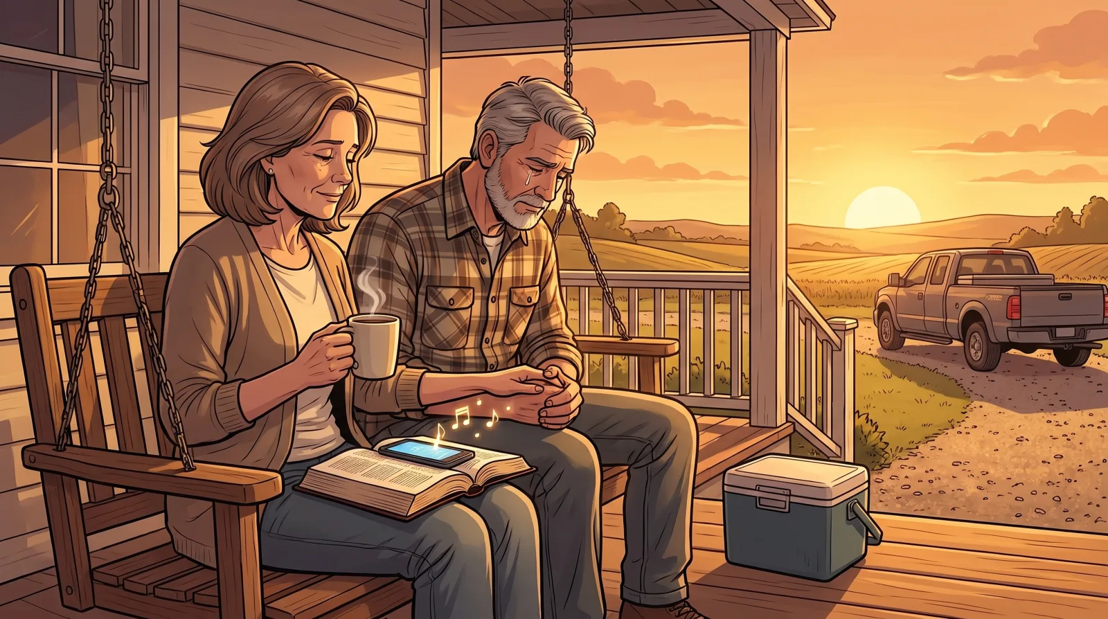 A couple on a porch swing at sunrise with an open Bible and a phone on her lap, his head bowed as he holds her hand