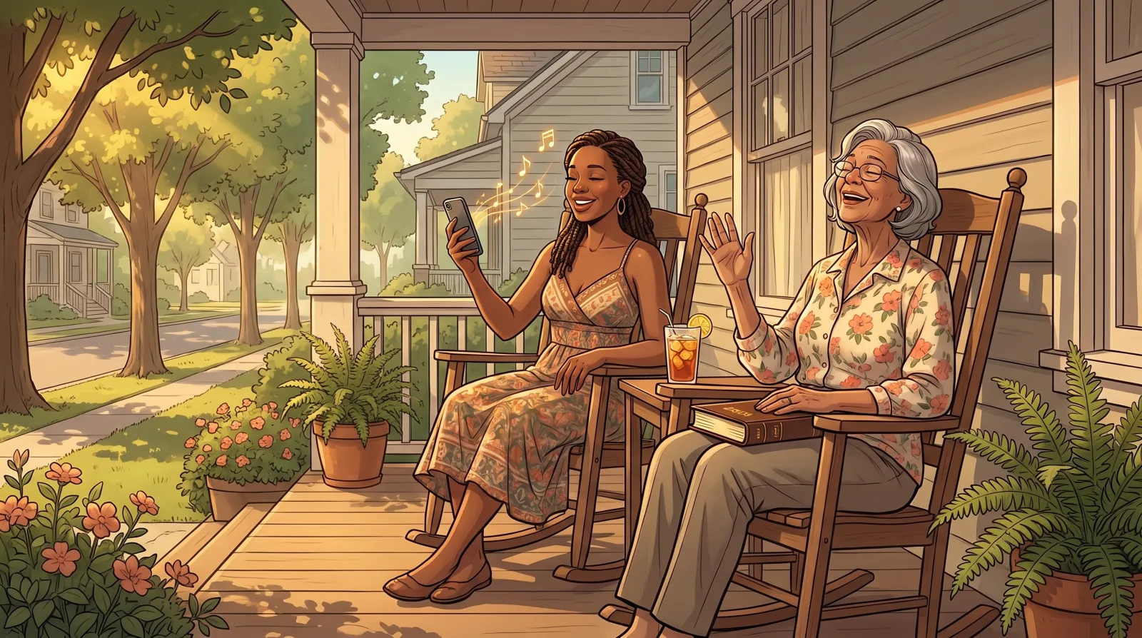A daughter on a porch playing a song for her elderly mother, who raises one hand with her eyes closed and a Bible on her lap