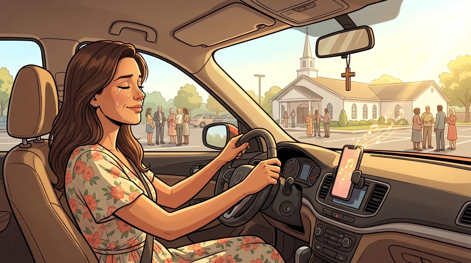 A woman in her Sunday dress sitting in her car in a church parking lot, eyes closed and smiling through tears as a song plays