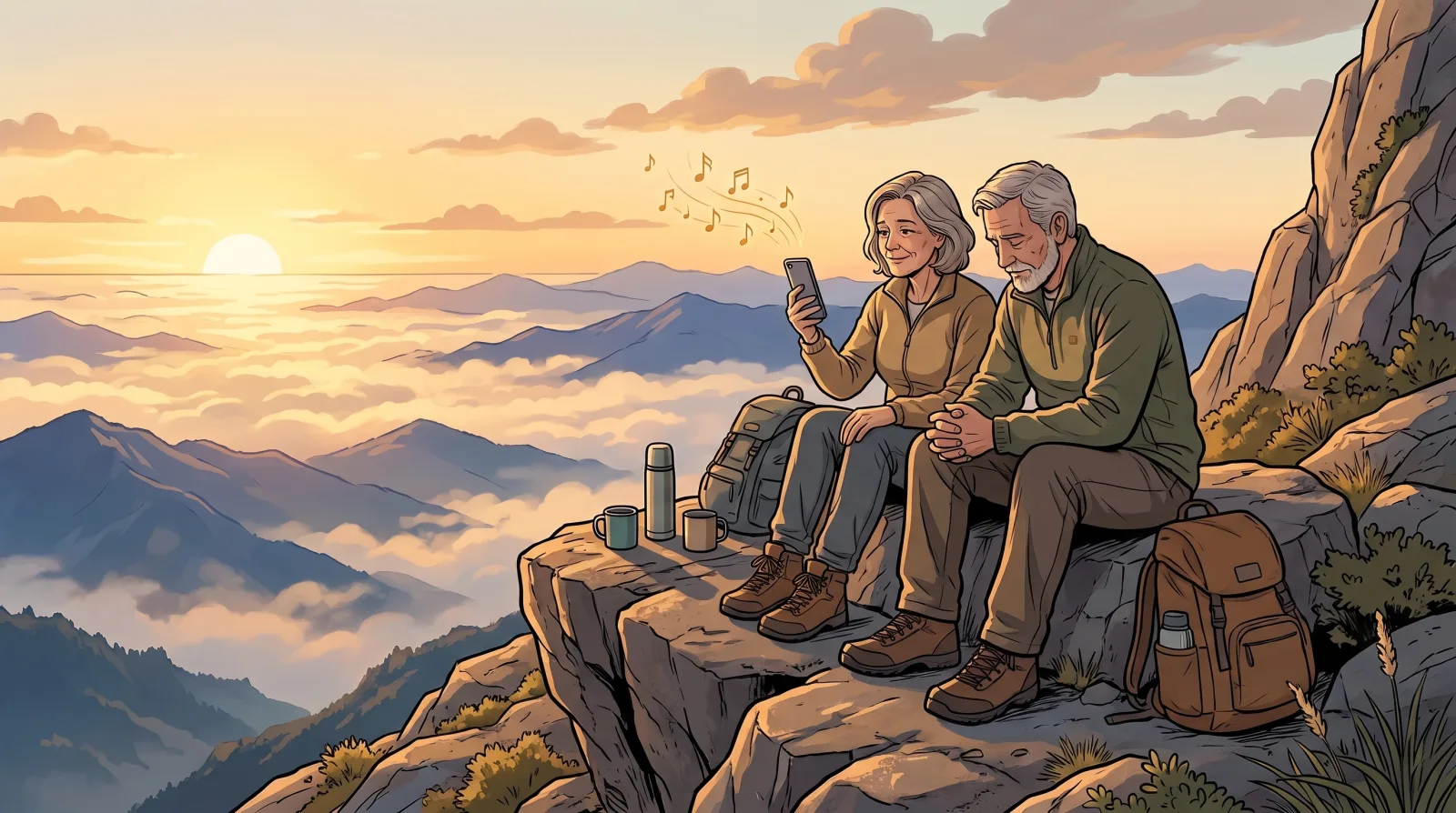A couple on a mountain summit at sunrise, she holding her phone as her partner bows his head with his hands folded