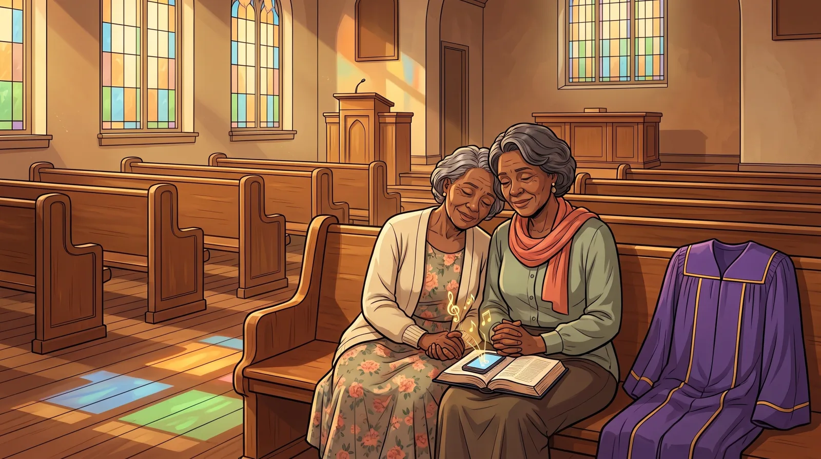 Two older sisters holding hands in a sunlit church pew, a phone resting on a hymnal between them