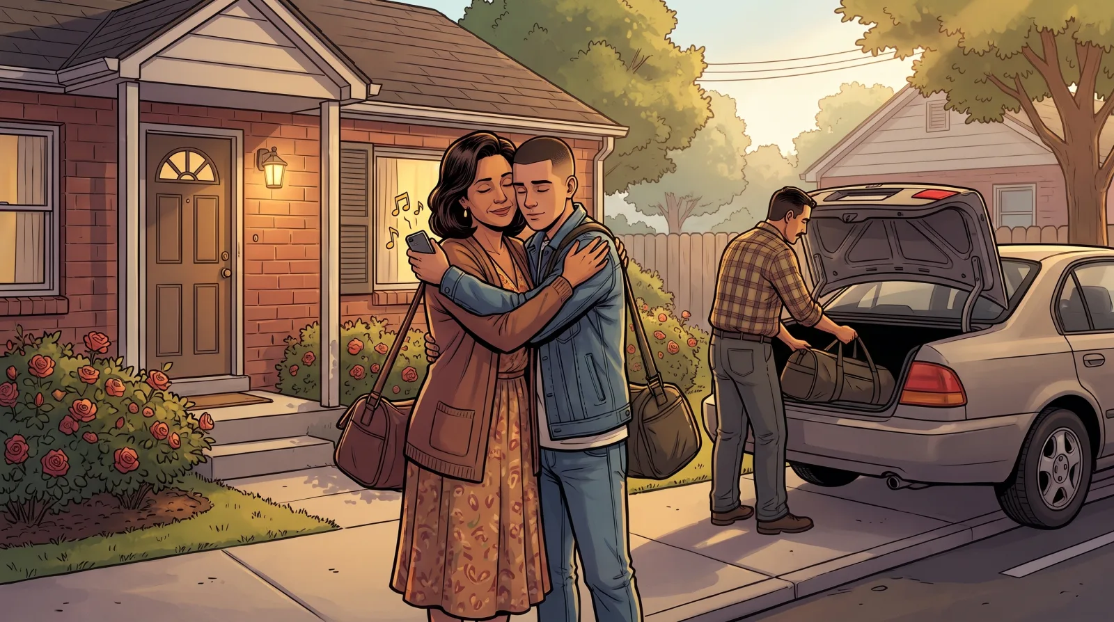 A mother hugging her teenage son goodbye on the front walk at dawn, her phone in her hand, as his father loads a duffel bag into the car