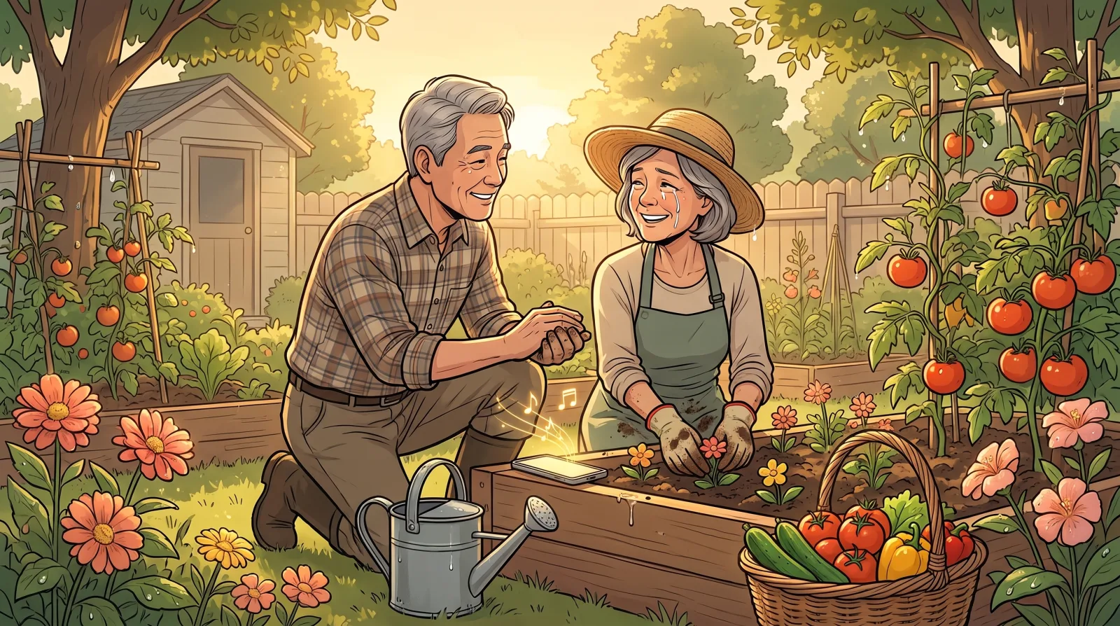 A husband kneeling beside his wife in their vegetable garden at dawn as a song plays from his phone on the raised bed, she smiling through happy tears under her straw hat