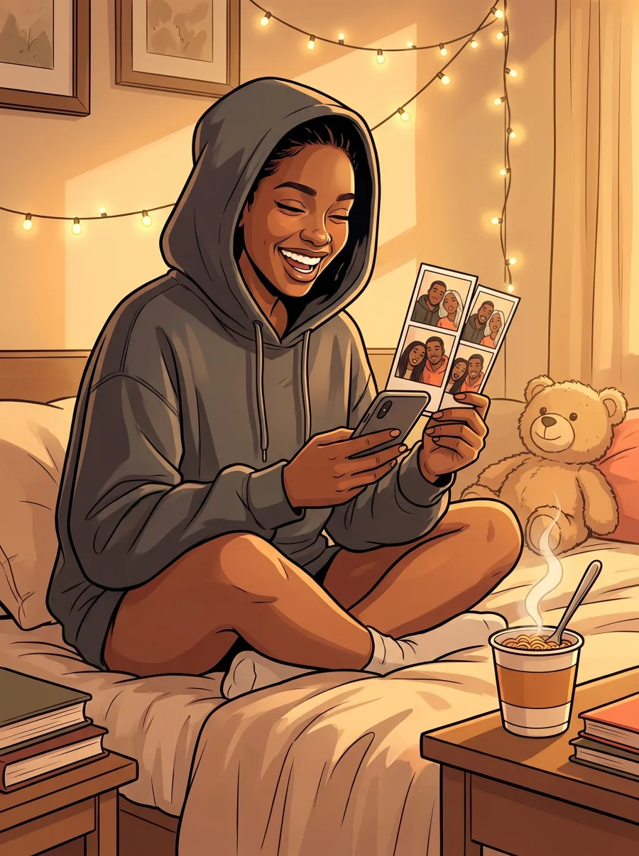 A young woman in her boyfriend's hoodie sitting on her bed, laughing at a photo-booth strip of the two of them as she types on her phone